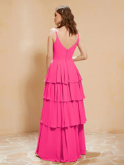 Boho Long Chiffon Gown with Ruffles Fuchsia