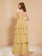Boho Long Chiffon Gown with Ruffles Gold