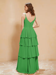 Boho Long Chiffon Gown with Ruffles Green