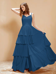 Boho Long Chiffon Gown with Ruffles Ink Blue