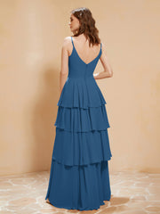 Boho Long Chiffon Gown with Ruffles Ink Blue