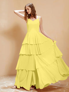 Boho Long Chiffon Gown with Ruffles Lemon