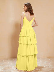 Boho Long Chiffon Gown with Ruffles Lemon