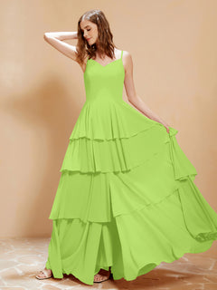 Boho Long Chiffon Gown with Ruffles Lime Green