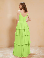 Boho Long Chiffon Gown with Ruffles Lime Green