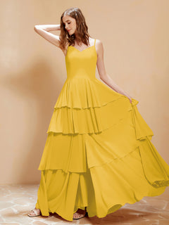 Boho Long Chiffon Gown with Ruffles Marigold