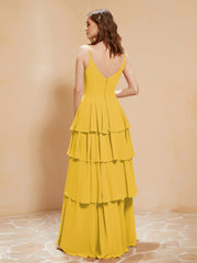 Boho Long Chiffon Gown with Ruffles Marigold