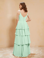 Boho Long Chiffon Gown with Ruffles Mint Green