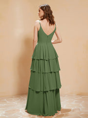 Boho Long Chiffon Gown with Ruffles Moss