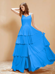 Boho Long Chiffon Gown with Ruffles Ocean Blue