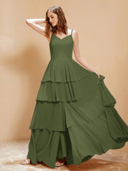 Boho Long Chiffon Gown with Ruffles Olive Green
