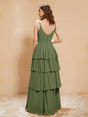 Boho Long Chiffon Gown with Ruffles Olive Green