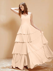 Boho Long Chiffon Gown with Ruffles Peach