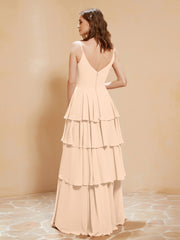 Boho Long Chiffon Gown with Ruffles Peach