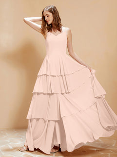 Boho Long Chiffon Gown with Ruffles Pearl Pink