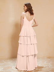 Boho Long Chiffon Gown with Ruffles Pearl Pink