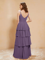 Boho Long Chiffon Gown with Ruffles Plum