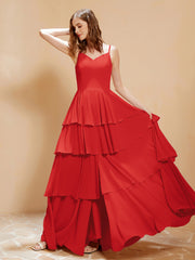 Boho Long Chiffon Gown with Ruffles Red