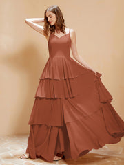 Boho Long Chiffon Gown with Ruffles Rust