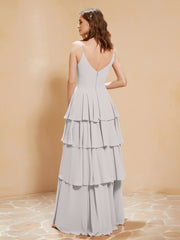 Boho Long Chiffon Gown with Ruffles Silver