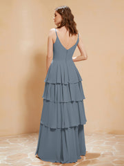 Boho Long Chiffon Gown with Ruffles Slate Blue