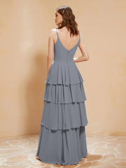 Boho Long Chiffon Gown with Ruffles Steel Grey