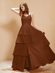 Boho Long Chiffon Gown with Ruffles Terracotta