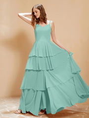 Boho Long Chiffon Gown with Ruffles Turquoise