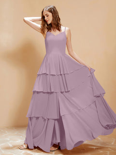 Boho Long Chiffon Gown with Ruffles Vintage Mauve