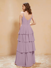 Boho Long Chiffon Gown with Ruffles Vintage Mauve