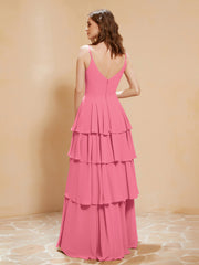 Boho Long Chiffon Gown with Ruffles Watermelon