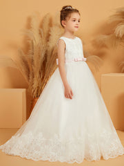 Ball-Gown Lace Applique Tulle Flower Girl Dress