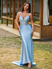 Plunging V-Neck Spaghetti Straps Lace-up Mermaid Dress Sky Blue