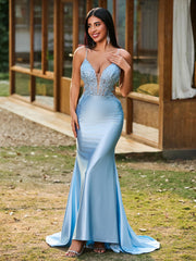 Plunging V-Neck Spaghetti Straps Lace-up Mermaid Dress Sky Blue