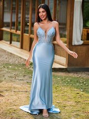 Plunging V-Neck Spaghetti Straps Lace-up Mermaid Dress Sky Blue
