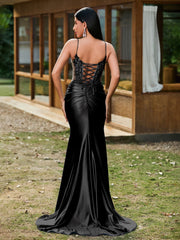 Plunging V-Neck Spaghetti Straps Lace-up Mermaid Dress Black