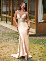 Plunging V-Neck Spaghetti Straps Lace-up Mermaid Dress Champagne