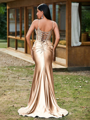Plunging V-Neck Spaghetti Straps Lace-up Mermaid Dress Champagne