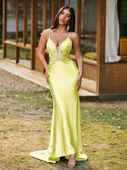 Plunging V-Neck Spaghetti Straps Lace-up Mermaid Dress Daffodil