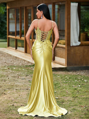 Plunging V-Neck Spaghetti Straps Lace-up Mermaid Dress Daffodil