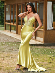 Plunging V-Neck Spaghetti Straps Lace-up Mermaid Dress Daffodil