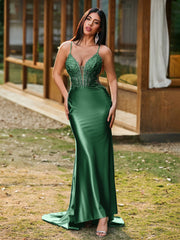 Plunging V-Neck Spaghetti Straps Lace-up Mermaid Dress Dark Green