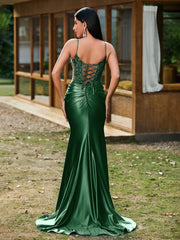 Plunging V-Neck Spaghetti Straps Lace-up Mermaid Dress Dark Green