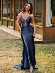 Plunging V-Neck Spaghetti Straps Lace-up Mermaid Dress Dark Navy