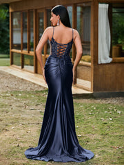 Plunging V-Neck Spaghetti Straps Lace-up Mermaid Dress Dark Navy