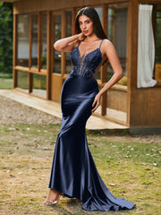 Plunging V-Neck Spaghetti Straps Lace-up Mermaid Dress Dark Navy