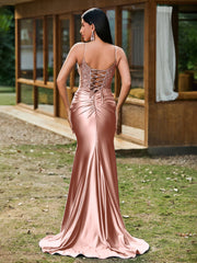 Plunging V-Neck Spaghetti Straps Lace-up Mermaid Dress Dusty Rose