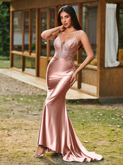 Plunging V-Neck Spaghetti Straps Lace-up Mermaid Dress Dusty Rose