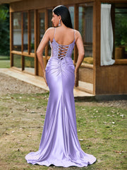 Plunging V-Neck Spaghetti Straps Lace-up Mermaid Dress Lilac