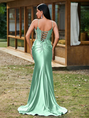 Plunging V-Neck Spaghetti Straps Lace-up Mermaid Dress Mint Green